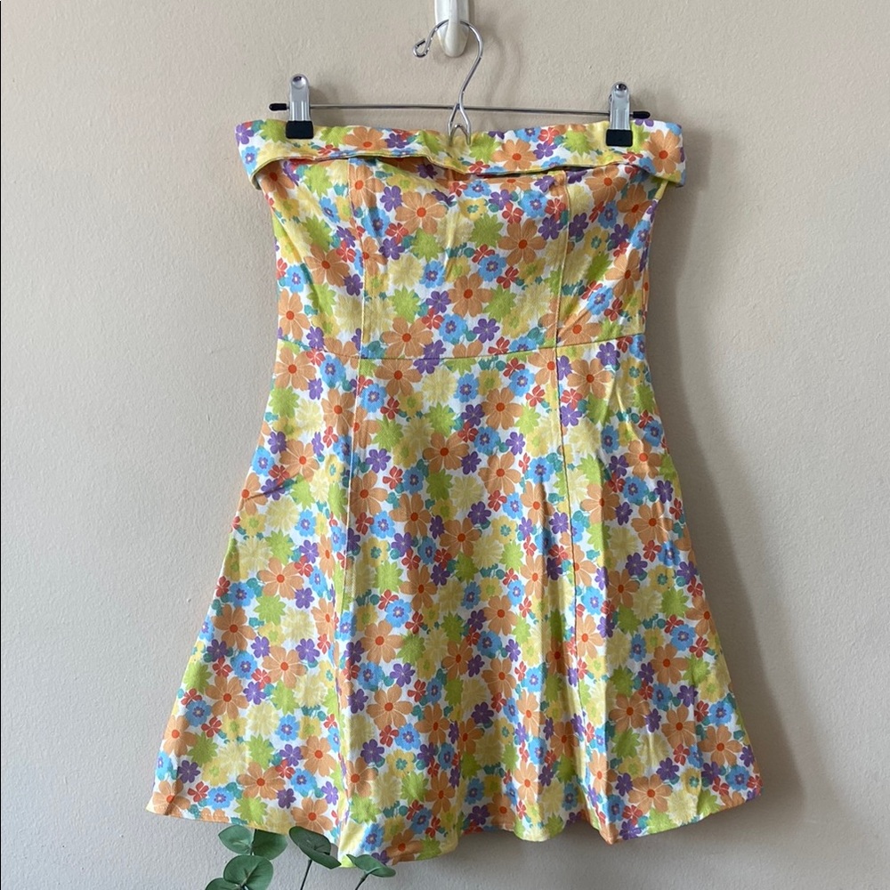 Idem Ditto Strapless Floral Mini Dress Y2K Retro Daisy Fit Flare Pocket Cotton S